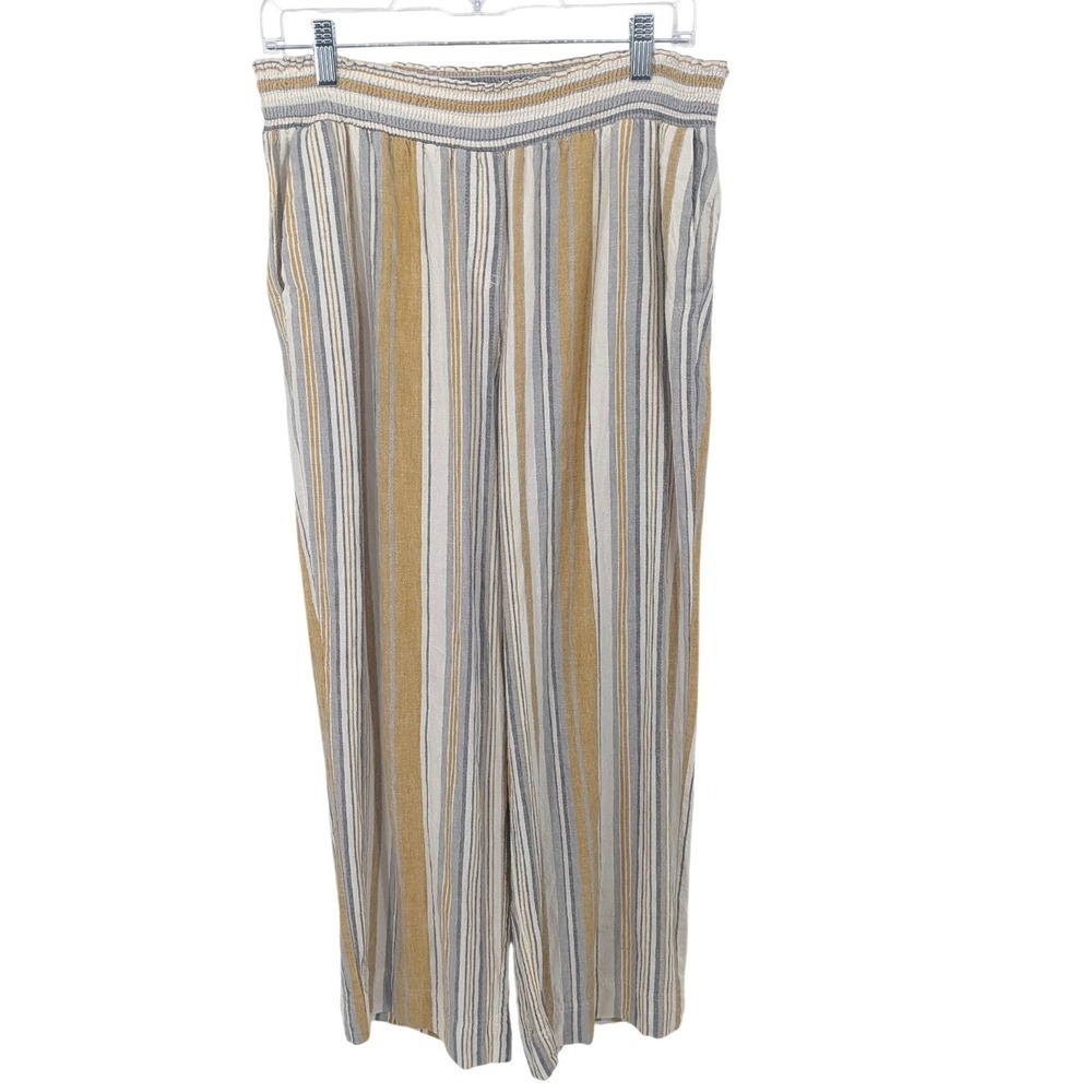 Land n Sea Linen Blend Pants Womens XL Yellow Striped Elastic Waist Wide Leg‎